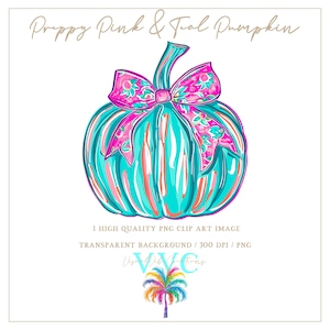 Preppy Pink & Teal Kürbis Clip Art - transparenter Hintergrund in PNG - lebendige Halloween, Herbst, Happy Halloween, Kürbis, Blumen, Bogen