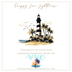 Preppy Luxe Lighthouse Clip Art - transparenter Hintergrund in PNG - Palme, Leuchtturm am Strand, Strand Clipart, tropisch, Küsten Clipart