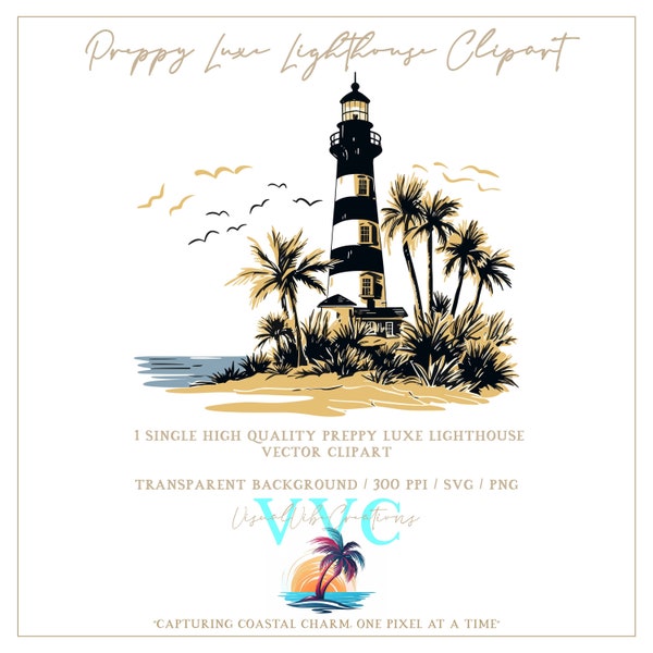 Preppy Luxe Lighthouse Clipart - transparent background in SVG, PNG, Vector - palm tree, lighthouse on a beach, beach clip art, tropical