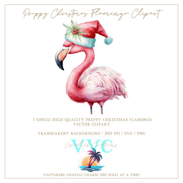 Preppy Christmas Flamingo Clipart - transparent background in SVG, PNG, Vector - beach, island, coastal, paradise, xmas, tropical bird