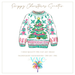 Preppy Christmas Sweater Clip Art - transparent background in PNG - vibrant, merry christmas, winter, pink and teal, holiday, xmas, tree