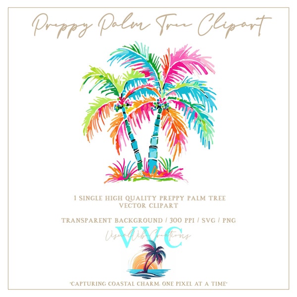 Preppy Palm Tree Clipart - transparent background in SVG, PNG, Vector - palm tree, beach, island, coconut tree, Florida, tropical, paradise