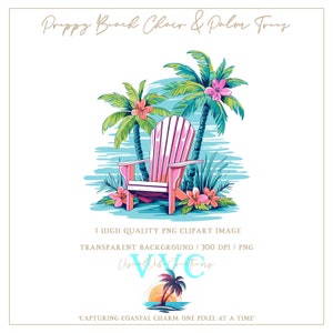 Chaise de plage preppy & palmiers Clip Art - fond transparent en PNG - océan, plage, île, littoral, paradis, rivage, été, dynamique