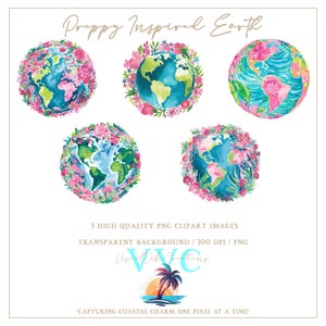 Preppy Inspired Earth Clipart Pack of 5 - transparent background in PNG - planet earth, planet, floral, tropical, global, globe, world