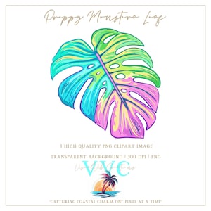 Preppy Monstera Blatt Clip Art - transparenter Hintergrund in PNG - lebendiges, buntes, adrettes Blatt, tropische Clip Art, Strand Clip Art, Insel