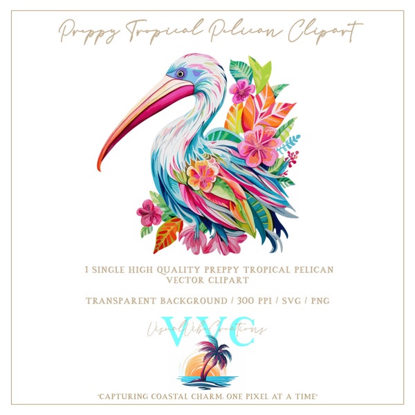 Preppy Tropical Pelican Clipart - transparent background in SVG, PNG, Vector - bird, beach, island, coastal, Florida, tropical, paradise