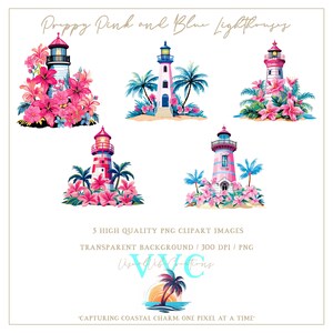 Zestaw 5 clipartów Preppy Pink and Blue Lighthouses - przezroczyste tło w formacie PNG - latarnia morska, żywy, marynistyczny, palma, lato, plaża