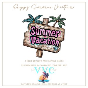 Preppy Summer Vacation Clip Art - transparent background in PNG - palm tree, beach, island, vibrant, ocean, Florida, tropical, scrapbook