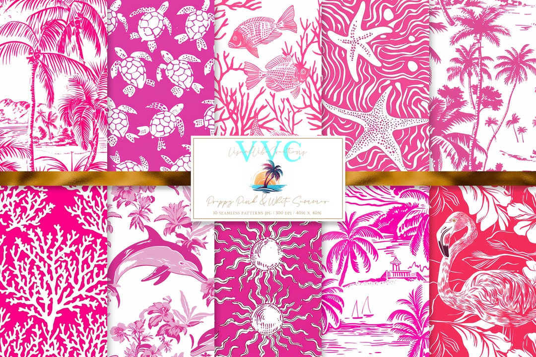 Preppy Pink & White Summer Digital Paper, 10 Seamless Patterns for ...