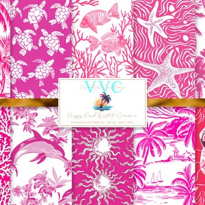 Preppy Pink & Weiß Sommer Digital Papier, 10 nahtlose Muster für Printable Scrapbook Papier - Instant Download, Schildkröten, Korallen, Palmen