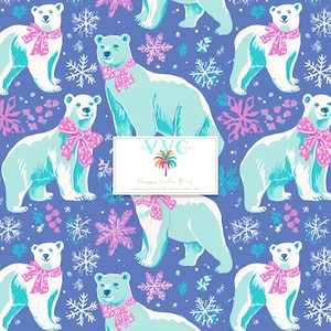May include: A repeating pattern featuring polar bears with turquoise fur and pink bows, set against a blue background with snowflakes. The image includes text that reads "Happy Sailor Boy".