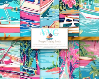 Preppy Fishing Boats, 10 Seamless Coastal Patterns, Tropical Digital Paper Bundle