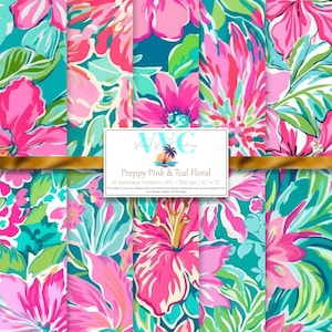 Papel digital floral rosa e azul-petróleo, 10 padrões de flores sem costura para papel de scrapbook para impressão - Download instantâneo, praia