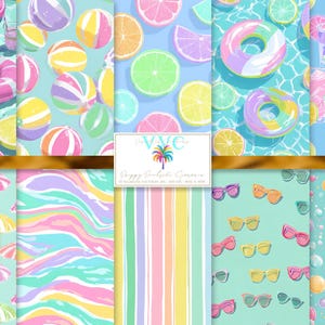 May include: A collection of colorful digital patterns featuring summer themes. The designs include beach balls, citrus fruits, sunglasses, drink glasses, and pool floats. The color palette is bright and cheerful, with shades of pink, yellow, blue, and green.