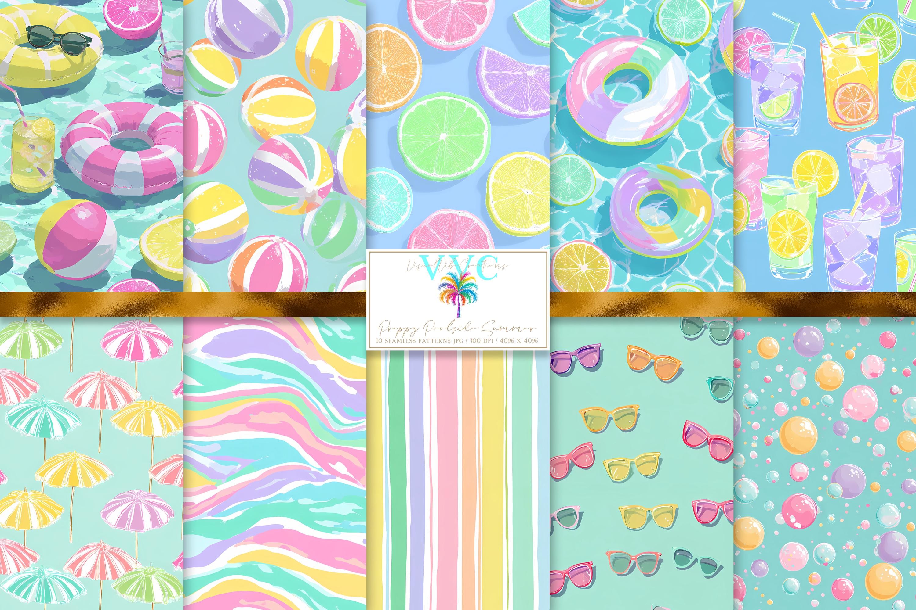 Preppy Poolside Summer, 10 Seamless Patterns, Pool Pattern Bundle ...