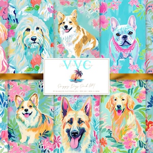 Puede incluir: Un conjunto de 10 patrones digitales sin costuras que presentan varias razas de perros en un diseño floral tropical. Los patrones son de colores brillantes, incluyendo rosa, azul, verde y amarillo. Los perros están todos sonriendo y se ven felices. Los patrones son perfectos para crear proyectos divertidos y coloridos.