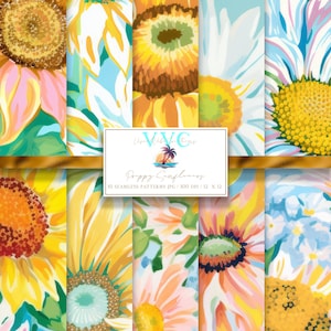 Papier numérique de tournesols preppy, 10 modèles sans couture pour papier de scrapbooking imprimable-téléchargement instantané à usage commercial, fleur, floral, été