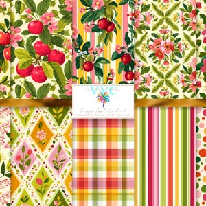 May include: A collection of colorful digital papers featuring various patterns. Designs include floral arrangements with red apples and pink blossoms, stripes, plaid, and polka dots. The papers are suitable for crafts and digital art projects.