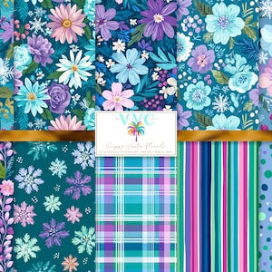 Preppy Winter Florals, 10 Seamless Patterns, Winter Floral Digital Paper Bundle, Plaid Stripe Prints