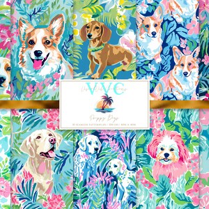 May include: A set of 12 digital seamless patterns featuring various dog breeds in a tropical floral design. The patterns are in bright colors, including pink, blue, green, and yellow. The dogs are depicted in a playful and whimsical style.