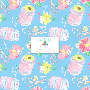 May include: A seamless pattern featuring pink and yellow flowers, spools of thread, and scissors on a light blue background. The text "Happy Coast Corner" is visible in the centre of the pattern.