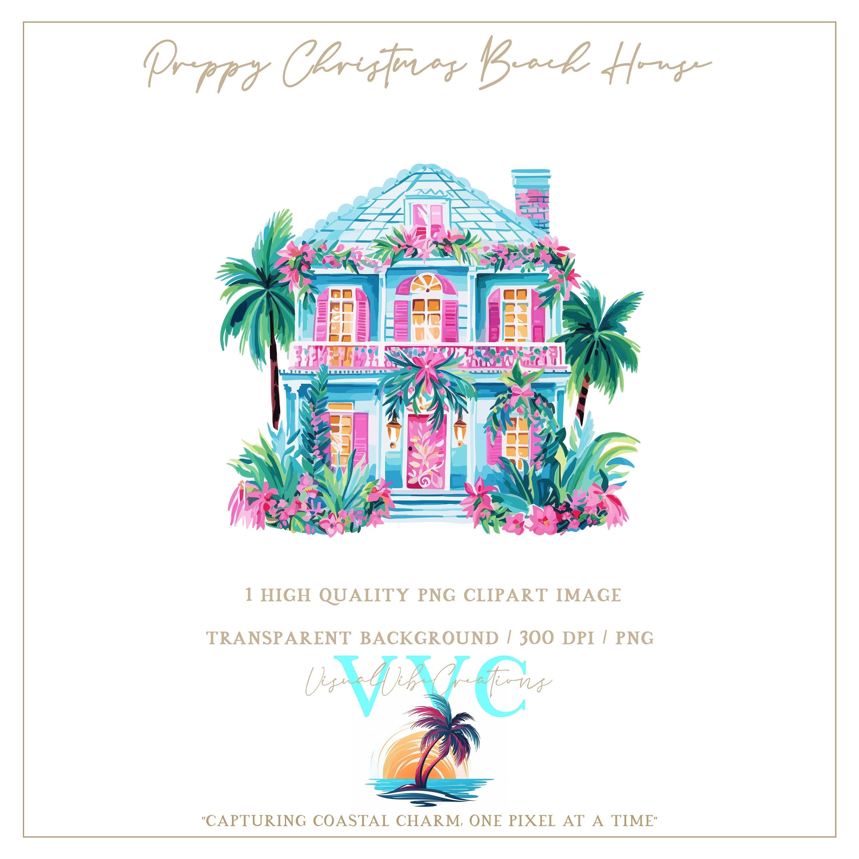 Preppy Christmas Beach House Clip Art - transparent background in PNG - xmas, holiday, floral, palm tree, beach, flower, Merry Christmas