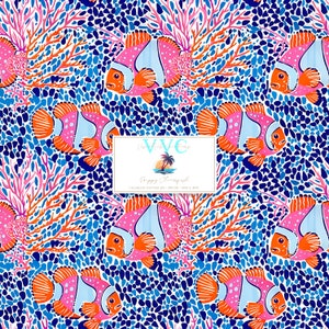 May include: A seamless pattern featuring pink and orange clownfish swimming among coral branches and blue and white mosaic-like shapes on a white background. The text "Poppy Changers" is visible in the center of the image.