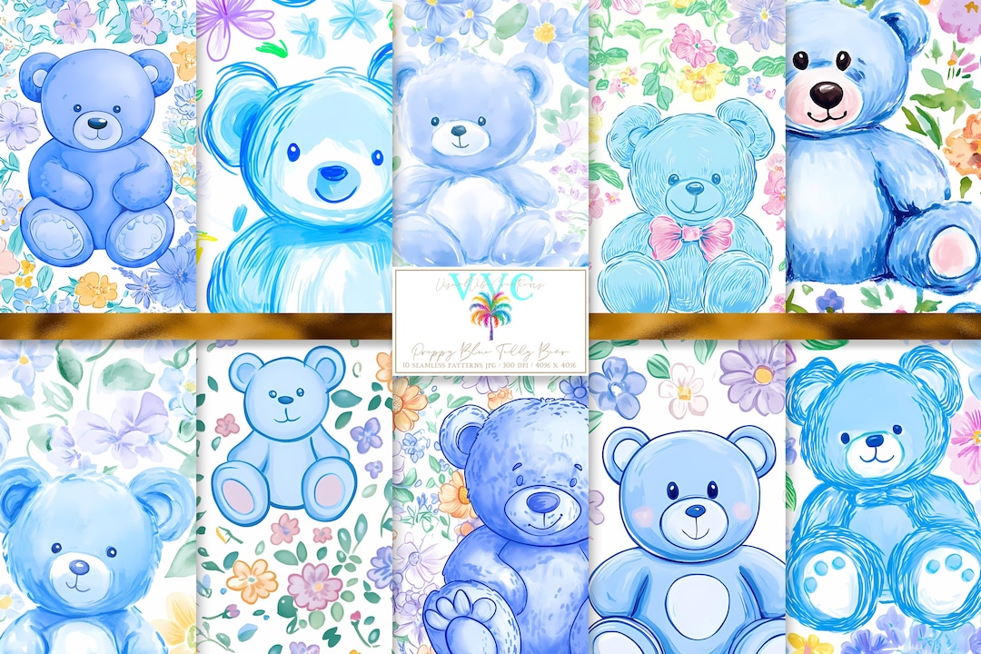 Preppy Blue Teddy Bear Digital Paper, 10 Seamless Flower Patterns for ...