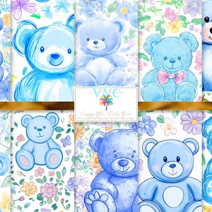 Preppy Blue Teddy Bear Digital Paper, 10 Seamless Flower Patterns for Scrapbook Paper - Instant Download, its a boy, baby shower, baby boy