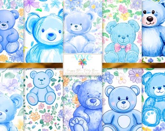 Preppy Blue Teddy Bear Digital Paper, 10 Seamless Flower Patterns for Scrapbook Paper - Instant Download, its a boy, baby shower, baby boy