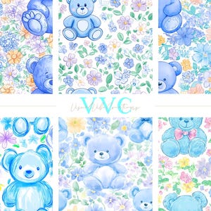 Preppy Blue Teddy Bear Digital Paper, 10 Seamless Flower Patterns for ...