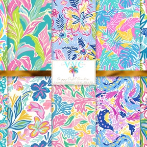 Preppy Pastel Paradise Digital Paper, 10 Seamless Patterns for Printable Scrapbook Paper - Instant Download, vibrant, flower, floral, summer