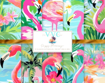 Preppy Flamingo Digital Paper, 10 Seamless Floral Patterns for Printable Scrapbook Paper - Instant Download, vibrant, summer