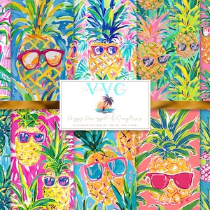 Preppy Ananas & Sonnenbrillen Digitales Papier, 10 nahtlose Muster für Printable Scrapbook Papier - Instant Download, Sommer, Obst Muster