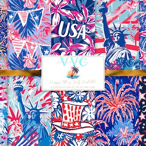 Preppy 4 juli-paket #2 digitalt papper, 10 sömlösa mönster för utskrivbar klippbok, direktnedladdning, Amerika, patriotisk, amerikansk flagga