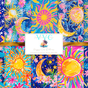 Preppy zon en maan digitaal papier, 10 naadloze patronen voor afdrukbaar plakboek, direct downloaden, lucht, zon, maansikkel, levendig