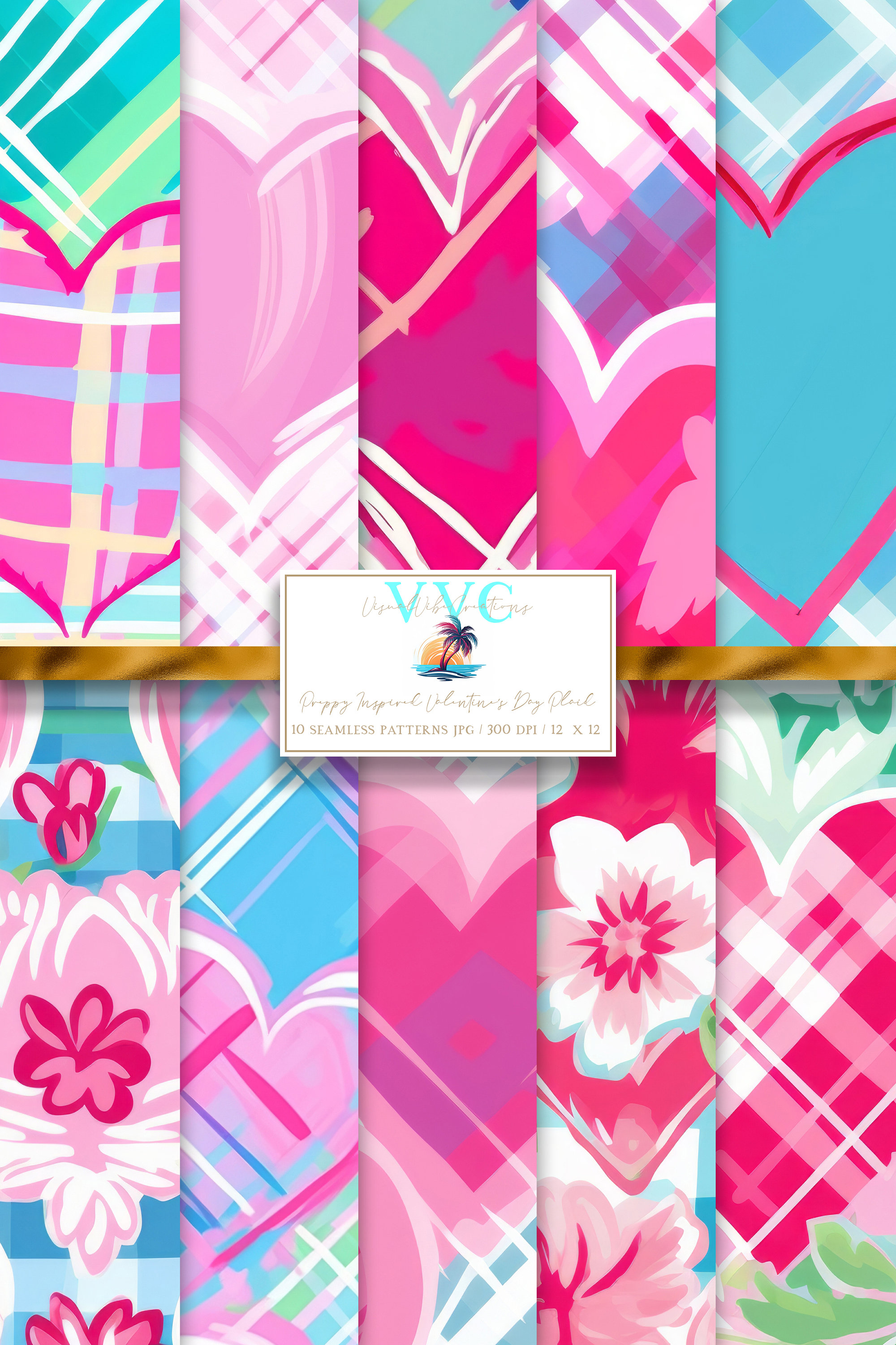 Preppy Inspired Valentine's Day Plaid Digital Paper, 10 Seamless Patterns for Printable Scrapbook - Instant Download, hearts, pink, love