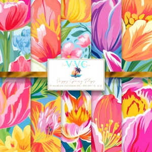 Op de afbeelding: Tien naadloze digitale papierpatronen met kleurrijke tulpenbloemen in tinten roze, rood, geel en oranje op een blauwe achtergrond. De patronen zijn 12 inch bij 12 inch en 300 DPI.