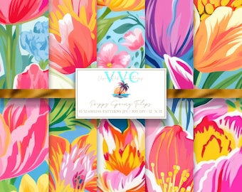 Carta digitale Preppy Spring Tulips, 10 modelli senza soluzione di continuità per carta scrapbook stampabile - Download istantaneo, fiore, bouquet, fiore di campo