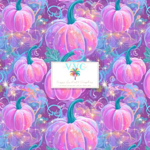 May include: A repeating pattern of pink and purple pumpkins with teal stems and vines. The pumpkins have a gradient effect, with lighter pink and purple hues. The background is a mix of purple, blue, and gold, with sparkling accents. The image includes text.