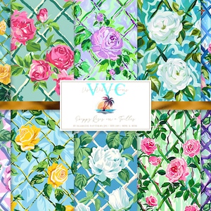 Elegante Rosen auf einem Gitter Digitales Papier, 10 nahtlose Muster für druckbares Scrapbook-Papier - Sofort Download, grandmillennial, rosa Rosen