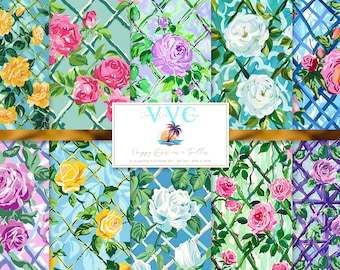 Preppy Roses on a Trellis Digital Paper, 10 patrones sin costuras para papel de álbum de recortes imprimible - Descarga instantánea, grandmillennial, rosas rosadas