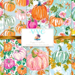 May include: A set of 12 digital seamless patterns featuring colorful pumpkins with floral accents on a light blue background. The patterns are titled "Poppy Pumpkins" and are available for instant download.