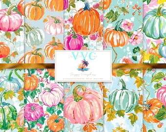 Carta digitale zucca preppy, 10 modelli senza cuciture per carta scrapbook stampabile - Download istantaneo, autunno, spezie di zucca, Halloween