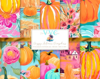 Preppy Autumn Pumpkins Digital Paper, 10 Seamless Patterns for Printable Scrapbook Paper - Instant Download, fall, pumpkin, Halloween