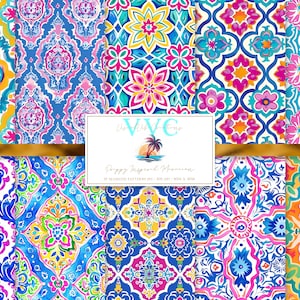 Preppy geïnspireerd Marokkaans digitaal papier, 10 naadloze patronen voor afdrukbaar plakboekpapier - direct downloaden, tropisch, Arabisch, levendig