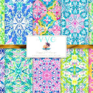 Carta digitale Preppy Kaleidoscope, 10 modelli di spiaggia senza soluzione di continuità per carta da scrapbooking stampabile - Download immediato, tropicale, design, vibrante