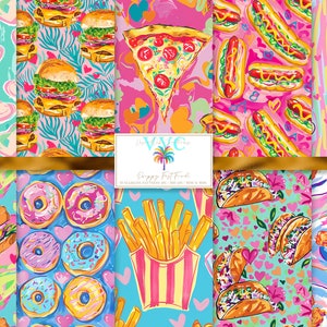 May include: A collection of colorful, illustrated patterns featuring various fast food items. The designs include burgers, pizza, hot dogs, ice cream cones, fries, tacos, donuts, and a sub sandwich. The patterns are set against vibrant backgrounds with hearts and abstract shapes.