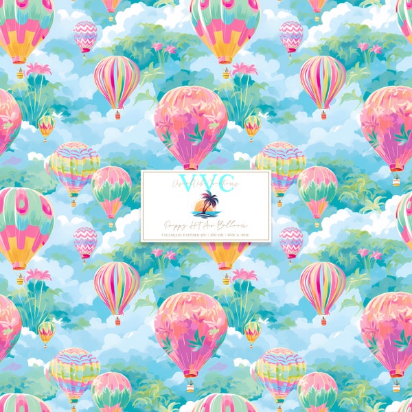 Preppy Hot Air Balloon Digital Paper, 1 Seamless Pattern for Scrapbook Paper - Instant Download, spring, floral, florida, blimp, clouds, sky