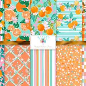 May include: A collection of digital papers featuring orange fruit and floral patterns. Designs include orange slices, blossoms, and stripes in shades of orange, pink, and teal. The papers are suitable for various craft projects.